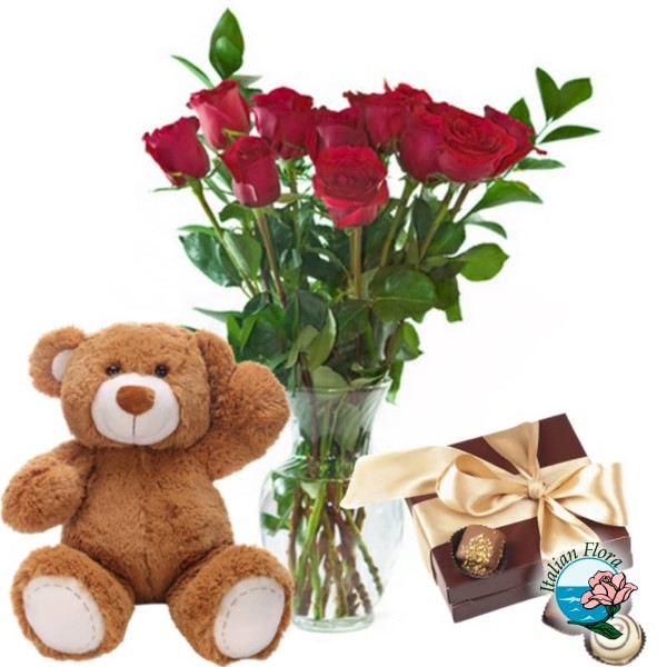 Rosas vermelhas com ursinho de pelúcia e chocolates