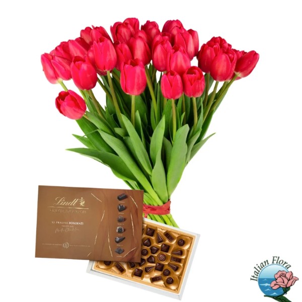 Buquê de tulipas vermelhas com caixa de chocolates