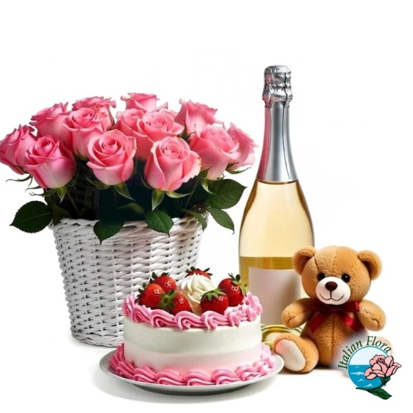 Cesta de rosas cor-de-rosa com vinho espumante, bolo de morango e ursinho de pelúcia